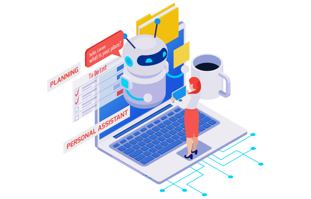 A lady standing in front of a laptop screen and interacting with an AI tool for various tasks like planning and checking to-do list.